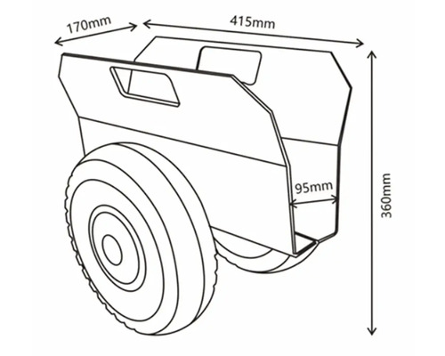 Technische Zeichnung einer Schubkarre mit Maßangaben