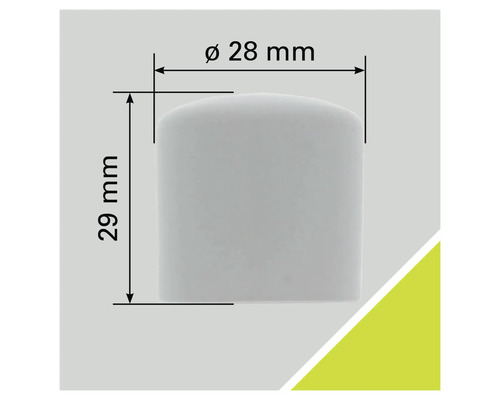 Abmessungen einer Kunststoffkappe: Durchmesser 28 mm, Höhe 29 mm