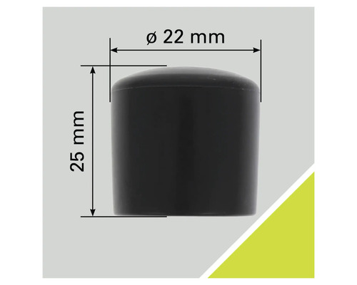 Schwarze Möbelgleiterkappe mit den Maßen 22 Millimeter Durchmesser und 25 Millimeter Höhe