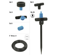 Verschiedene Gartenbewässerungsteile und ein Tropfen Symbol.