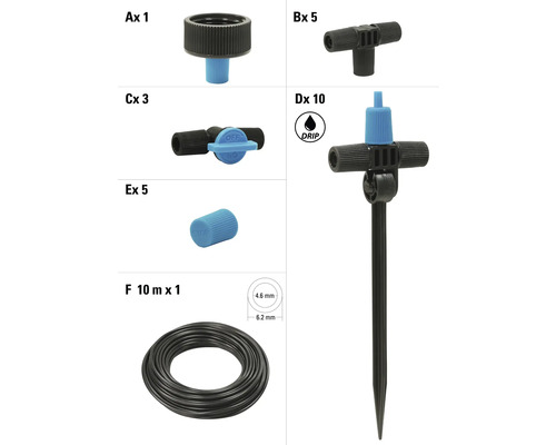 Verschiedene Gartenbewässerungsteile und ein Tropfen Symbol.