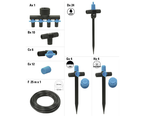 Gartenbewässerungssystem mit Regnern, Verteilerstücken, Schlauch und Zubehör