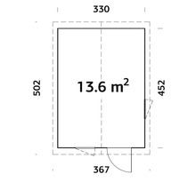 Grundrisszeichnung mit Maßangaben für ein Gebäude: 13,6 Quadratmeter Fläche, 330 x 502 cm Außenmaße.
