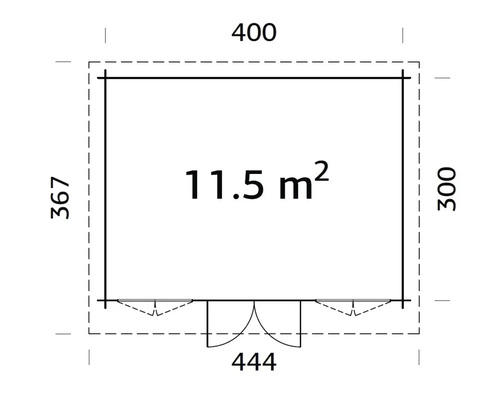 Grundrisszeichnung mit Maßangaben für ein Gartenhaus, Fläche 11,5 Quadratmeter