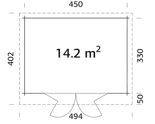 Grundriss mit Maßangaben für Gartenhaus, Fläche 14.2 Quadratmeter