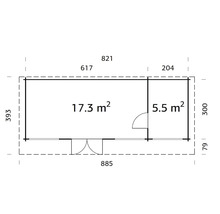 Grundriss eines Gartenhauses mit Größenangaben
