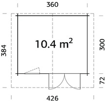 Grundriss eines Gartenhauses mit den Maßen 360 x 426 x 384 cm und einer Fläche von 10,4 m²