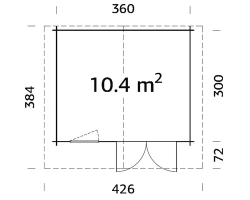 Grundriss eines Gartenhauses mit den Maßen 360 x 426 x 384 cm und einer Fläche von 10,4 m²