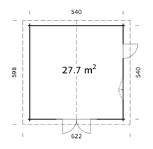 Grundriss eines Gartenhauses mit den Maßen 540 mal 598 Zentimeter und einer Fläche von 27,7 Quadratmetern