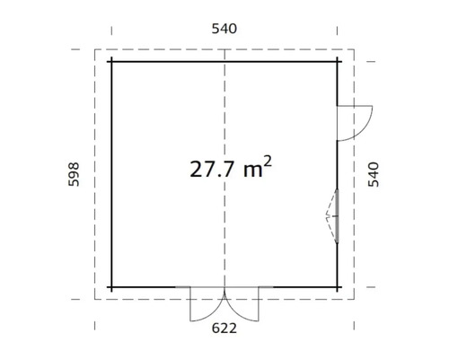 Grundriss eines Gartenhauses mit den Maßen 540 mal 598 Zentimeter und einer Fläche von 27,7 Quadratmetern