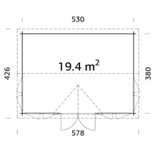 Grundrisszeichnung eines Gartenhauses mit den Maßen 530 x 426 cm und einer Fläche von 19.4 Quadratmetern.