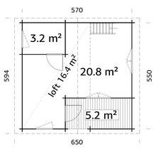 Grundriss eines Gartenhauses mit verschiedenen Raumgrößen