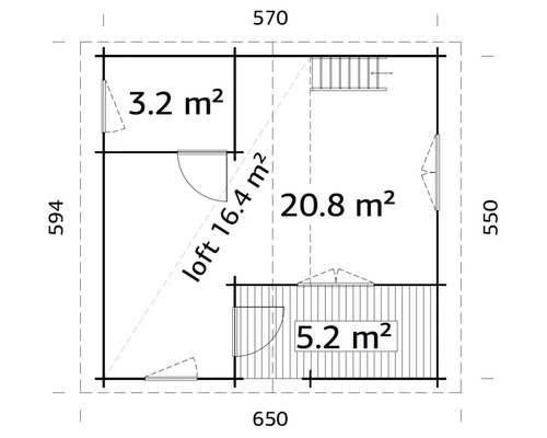 Grundriss eines Gartenhauses mit verschiedenen Raumgrößen
