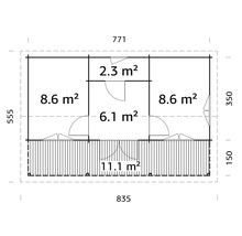 Grundriss eines Gartenhauses mit verschiedenen Raumgrößen in Quadratmetern