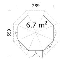 Grundrisszeichnung eines Gartenhauses mit den Maßen 289 mal 359 Zentimeter und einer Fläche von 6,7 Quadratmetern