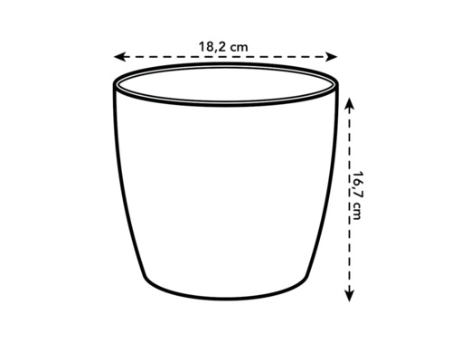 Skizze eines Pflanzgefäßes mit den Maßen 18,2 cm Breite und 16,7 cm Höhe.