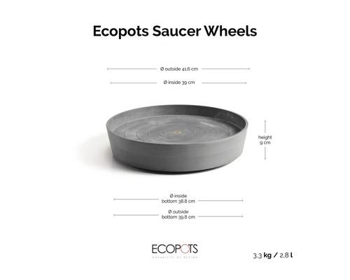 Ecopots Saucer Wheels Pflanzenuntersetzer auf Rollen, Außendurchmesser 41,6 Zentimeter, Höhe 9 Zentimeter. Ecopots Logo.