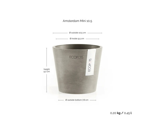 Ecopots Amsterdam Mini 10,5 Blumentopf mit Ecopots Logo. Maße: Außendurchmesser 10,5 Zentimeter, Höhe 9,2 Zentimeter, Volumen 0,45 Liter.