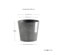 Ecopots Pflanzgefäß Amsterdam Mini 13: Höhe 11,4 Zentimeter, Außendurchmesser 13 Zentimeter, Gewicht 0,25 Kilogramm, Volumen 1,2 Liter.