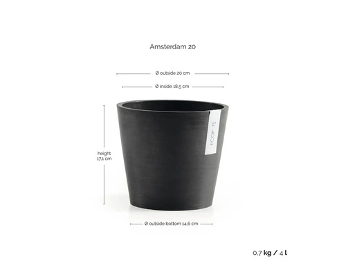 Blumenkübel ECOPOTS Amsterdam 20: Höhe 17,1 Zentimeter, Außendurchmesser 20 Zentimeter, Innendurchmesser 18,5 Zentimeter, Volumen 4 Liter.