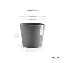 Ecopots Amsterdam 20 Blumentopf: Höhe 17,1 Zentimeter, Außendurchmesser 20 Zentimeter, Bodendurchmesser 14,6 Zentimeter, Volumen 4 Liter.