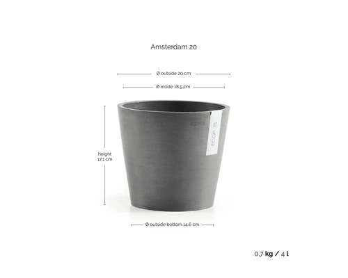 Ecopots Amsterdam 20 Blumentopf: Höhe 17,1 Zentimeter, Außendurchmesser 20 Zentimeter, Bodendurchmesser 14,6 Zentimeter, Volumen 4 Liter.