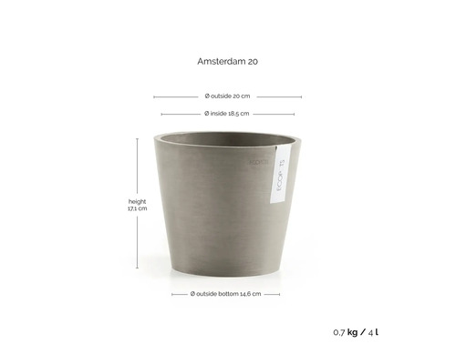 Ecopots Amsterdam 20 Blumentopf: Höhe 17,1 Zentimeter, Außendurchmesser 20 Zentimeter, Innendurchmesser 18,5 Zentimeter, Volumen 4 Liter.