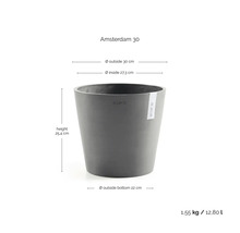Pflanzkübel ECOPOTS Amsterdam 30 mit Maßen: Außendurchmesser 30 Zentimeter, Höhe 25,4 Zentimeter, Volumen 12,8 Liter.