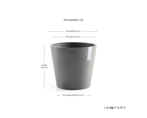 Pflanzkübel ECOPOTS Amsterdam 30 mit Maßen: Außendurchmesser 30 Zentimeter, Höhe 25,4 Zentimeter, Volumen 12,8 Liter.