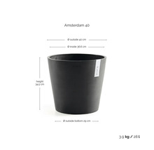 Ecopots Pflanzkübel Amsterdam 40: Höhe 34,5 Zentimeter, Außendurchmesser 40 Zentimeter, Innendurchmesser 36,6 Zentimeter, Volumen 28 Liter.