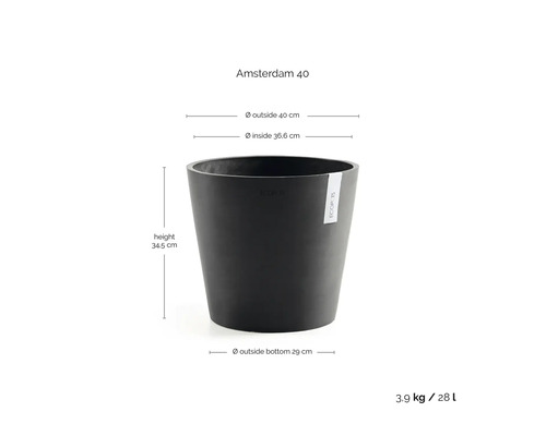 Ecopots Pflanzkübel Amsterdam 40: Höhe 34,5 Zentimeter, Außendurchmesser 40 Zentimeter, Innendurchmesser 36,6 Zentimeter, Volumen 28 Liter.