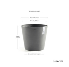 Ecopots Pflanzkübel Amsterdam 40 mit Maßen: Höhe 34,5 Zentimeter, Außendurchmesser 40 Zentimeter, Volumen 28 Liter.