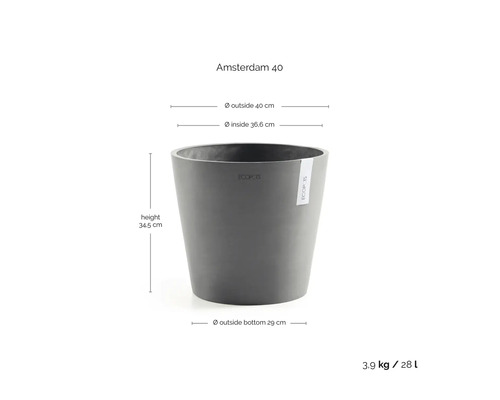 Ecopots Pflanzkübel Amsterdam 40 mit Maßen: Höhe 34,5 Zentimeter, Außendurchmesser 40 Zentimeter, Volumen 28 Liter.