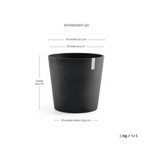Blumentopf Amsterdam 50: Höhe 43,5 Zentimeter, Außendurchmesser 50,5 Zentimeter, Boden 36,5 Zentimeter, Gewicht 5 Kilogramm, Volumen 62 Liter.