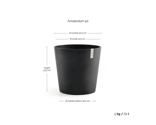 Blumentopf Amsterdam 50: Höhe 43,5 Zentimeter, Außendurchmesser 50,5 Zentimeter, Boden 36,5 Zentimeter, Gewicht 5 Kilogramm, Volumen 62 Liter.