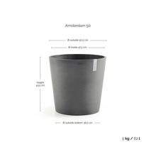 Ecopots Amsterdam 50 Pflanzkübel rund, Außendurchmesser 50,5 Zentimeter, Höhe 43,5 Zentimeter, Volumen 62 Liter, Gewicht 5 Kilogramm.