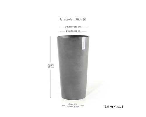 Grauer hoher Pflanzkübel ECOPOTS Amsterdam High 76 mit Maßen: Höhe 76 Zentimeter, Außendurchmesser 41,5 Zentimeter, Volumen 72,7 Liter.