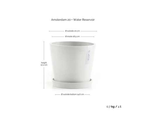 Ecopots Blumentopf Amsterdam 20 mit Wasserspeicher, Durchmesser 20 Zentimeter, Höhe 17,2 Zentimeter, Volumen 4 Liter.