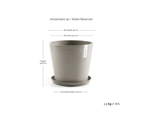 Ecopots Amsterdam 40 Blumentopf mit Wasserreservoir, Höhe 34,8 Zentimeter, Außendurchmesser 40 Zentimeter, Volumen 28 Liter.