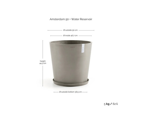 Ecopots Pflanzkübel Amsterdam 50 mit Wasserspeicher, Durchmesser 50 Zentimeter, Höhe 44,3 Zentimeter, Volumen 62 Liter, Gewicht 5 Kilogramm.