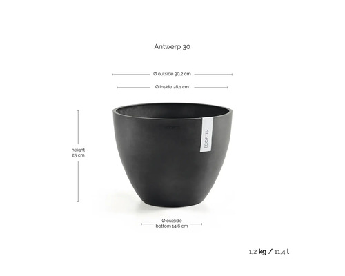 Ecopots Antwerp 30 Pflanzkübel, Höhe 25 Zentimeter, Außendurchmesser 30,2 Zentimeter, Volumen 11,4 Liter.
