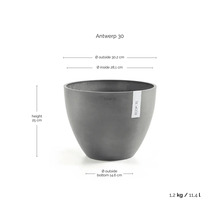 Ecopots Antwerp 30 grauer runder Blumentopf, Maße: Höhe 25 Zentimeter, Außendurchmesser 30,2 Zentimeter, Volumen 11,4 Liter.