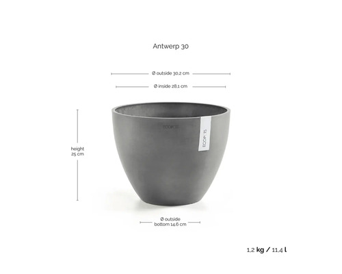 Ecopots Antwerp 30 grauer runder Blumentopf, Maße: Höhe 25 Zentimeter, Außendurchmesser 30,2 Zentimeter, Volumen 11,4 Liter.