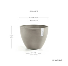 Blumentopf Ecopots Antwerp 30: Höhe 25 Zentimeter, Außendurchmesser 30,2 Zentimeter, Volumen 11,4 Liter, Gewicht 1,2 Kilogramm.