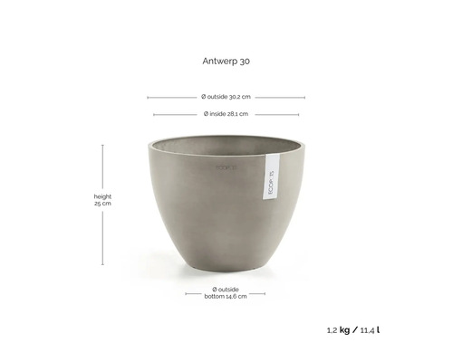 Blumentopf Ecopots Antwerp 30: Höhe 25 Zentimeter, Außendurchmesser 30,2 Zentimeter, Volumen 11,4 Liter, Gewicht 1,2 Kilogramm.