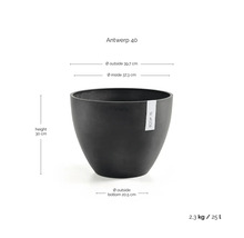 Ecopots Blumentopf Antwerp 40: Höhe 30 Zentimeter, Außendurchmesser oben 39,7 Zentimeter, unten 20,5 Zentimeter, Volumen 25 Liter.
