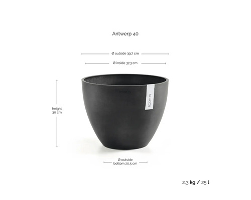 Ecopots Blumentopf Antwerp 40: Höhe 30 Zentimeter, Außendurchmesser oben 39,7 Zentimeter, unten 20,5 Zentimeter, Volumen 25 Liter.