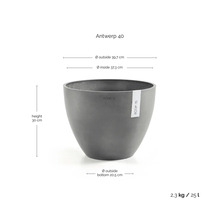 Ecopots Blumentopf Antwerp 40, Höhe 30 Zentimeter, Außendurchmesser 39,7 Zentimeter, Innendurchmesser 37,3 Zentimeter, Volumen 25 Liter.