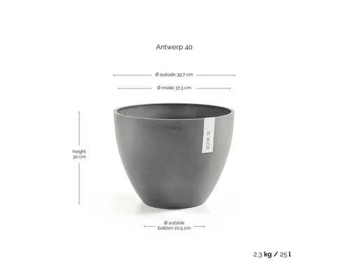 Ecopots Blumentopf Antwerp 40, Höhe 30 Zentimeter, Außendurchmesser 39,7 Zentimeter, Innendurchmesser 37,3 Zentimeter, Volumen 25 Liter.