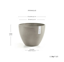 Grauer Ecopots Pflanzkübel Antwerp 40, Durchmesser 39,7 Zentimeter, Höhe 30 Zentimeter, Volumen 25 Liter, Gewicht 2,3 Kilogramm.